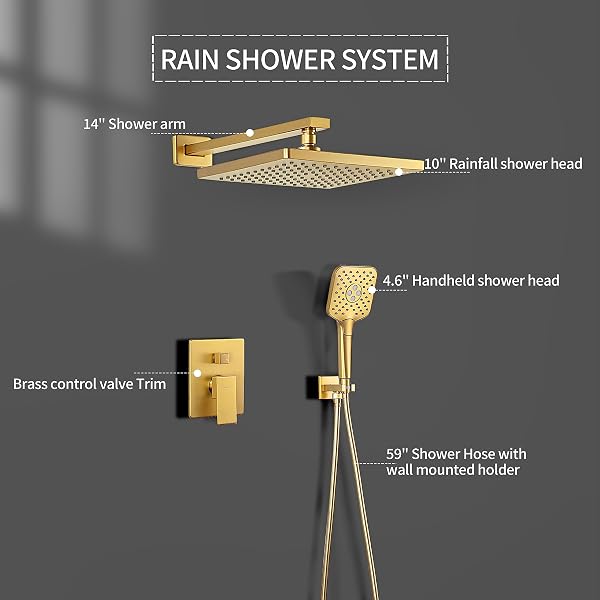 CASTA DIVA BRUSHED GOLD RAIN SHOWER HEAD SYSTEM WITH HANDHELD SPRAY COMBO, SHOWER DIVERTER AND BRASS VALVE TRIM KIT, FAUCET SET, WALL MOUNTED, SQUARE