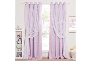 NICETOWN Nursery Room Darkening Rainbow Curtains for Bedroom Hollow-Out Star Window Drapes Curtain 84 inches Length for Living Room (Pink Purple, W52 X L84, 1 Pair)