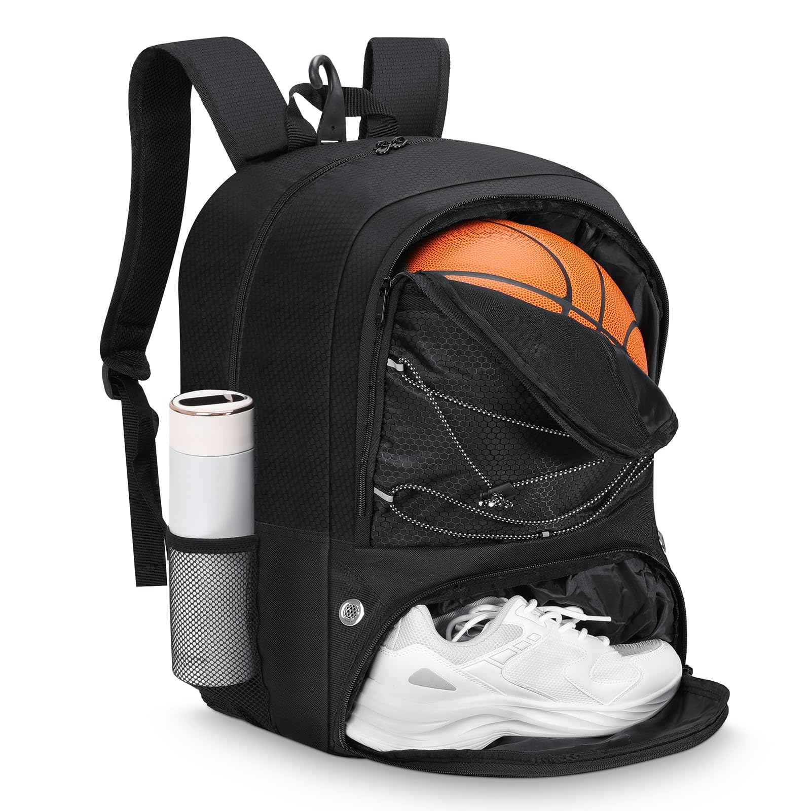 MoKo Basketball Bag Backpack, Football Backpack with Separate Ventilated Shoes & Ball Compartments, Water-Resistant, Black, 18.90 x 13.39 x 8.27 inches