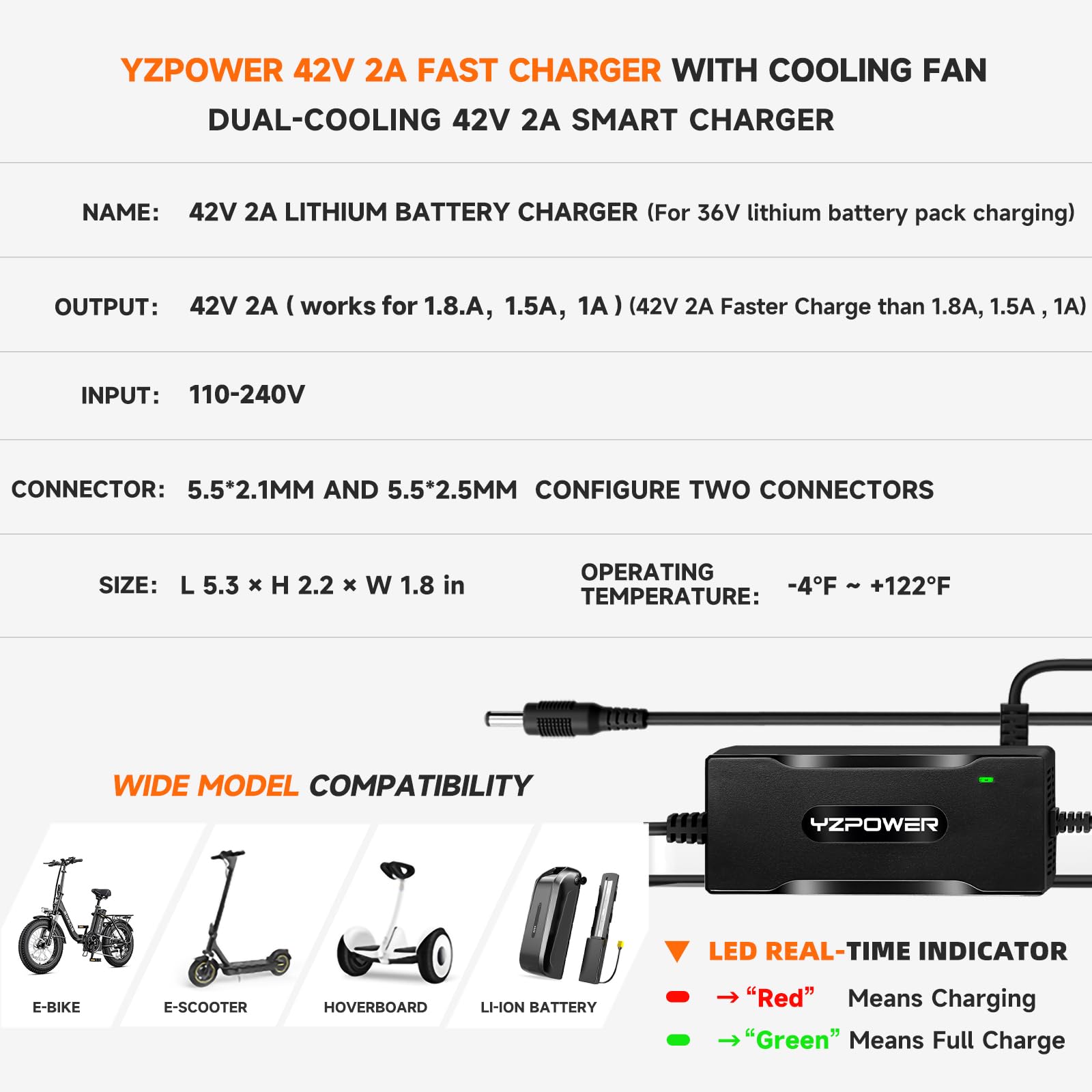 42V 2A Fast Charger for 36V Electric Scooter & Hoverboard – Compatible with Hover-1, Highlander, Dynamo, Helios, Hiboy S2 Pro, KS4, Gotrax – Lithium-Ion Battery Charger for Self-Balancing Scooters