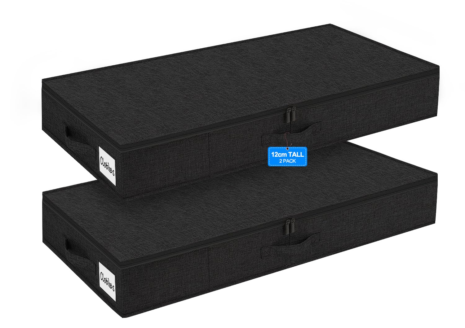 Huquter 2 Pack 40L 12 cm Tall Shallow Under Bed Storage Boxes with Lid, Low Profile Underbed Organisers with Sturdy Sides and Base, Foldable Fabric Storage for Duvets, Bedding and Clothes, Black
