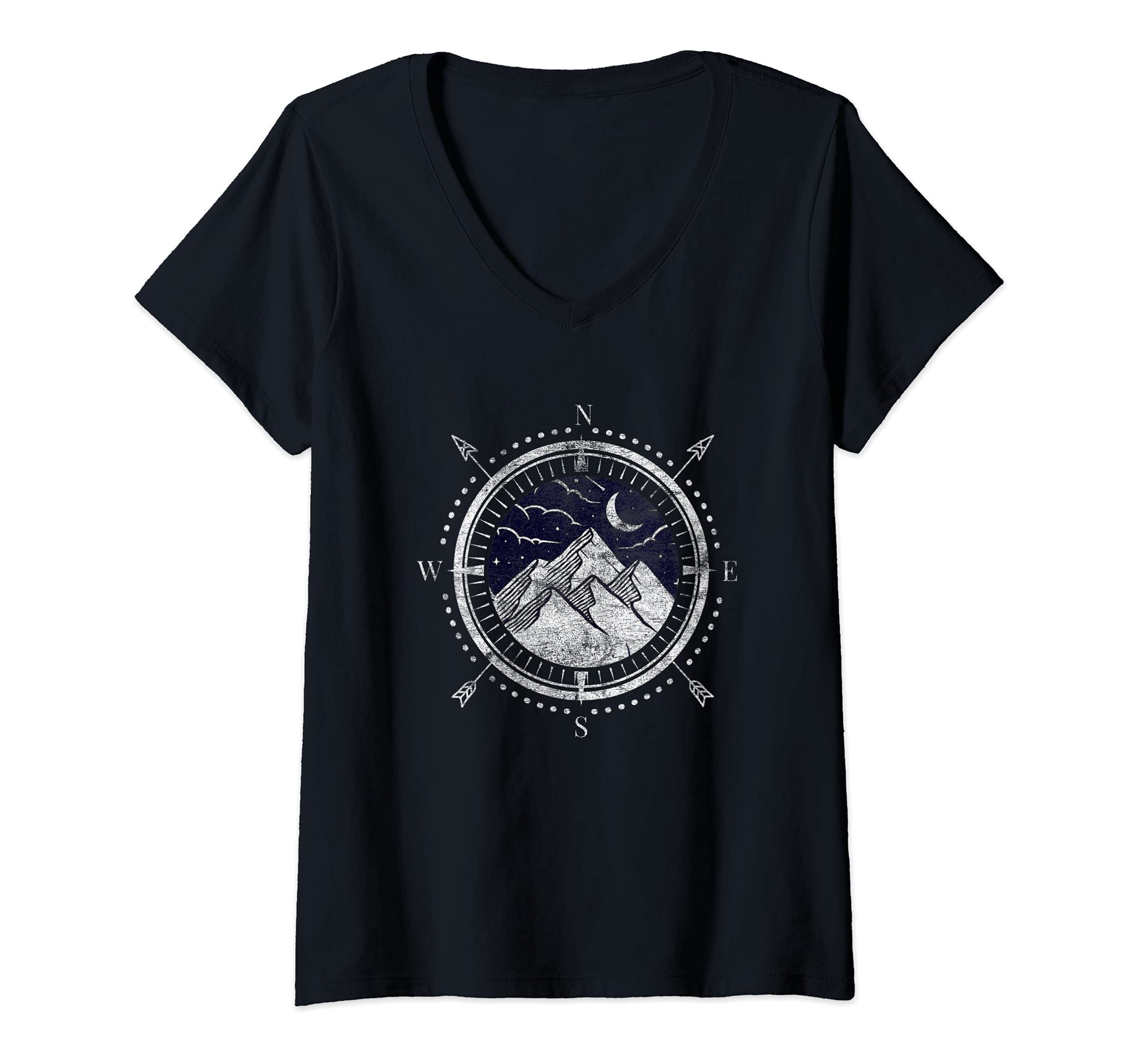 Womens Landscape Lattitude Mountain Outdoors Compass Hiking Camping V-Neck T-Shirt