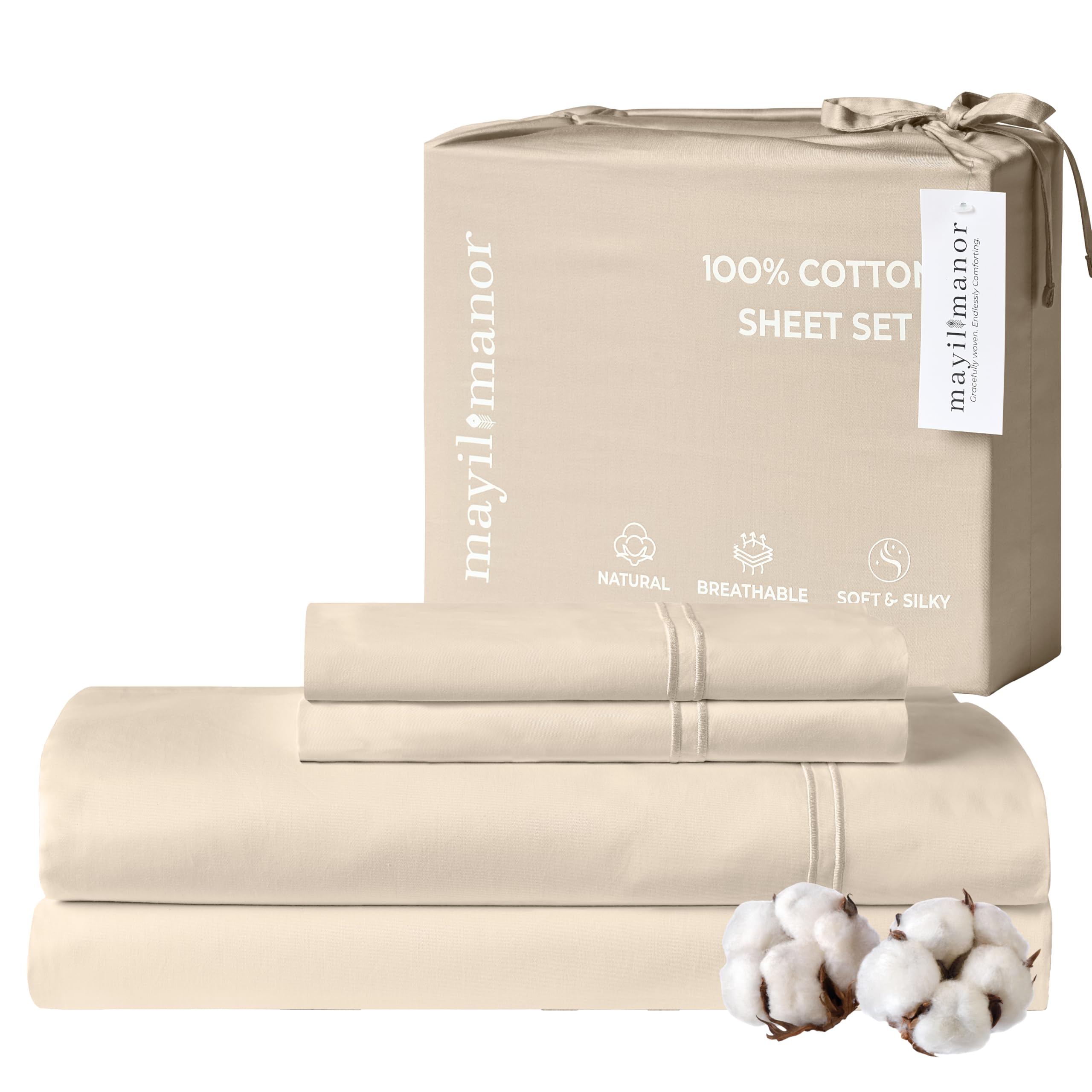 Mayil Manor 100% Natural Cotton Bed Sheets | 500 TC Single-Ply Sateen Weave King Size Sheets Set | Soft & Hypoallergenic Solid 4-Piece Bedding with Deep Pocket Fitted, Flat, Pillowcase | Cream Beige