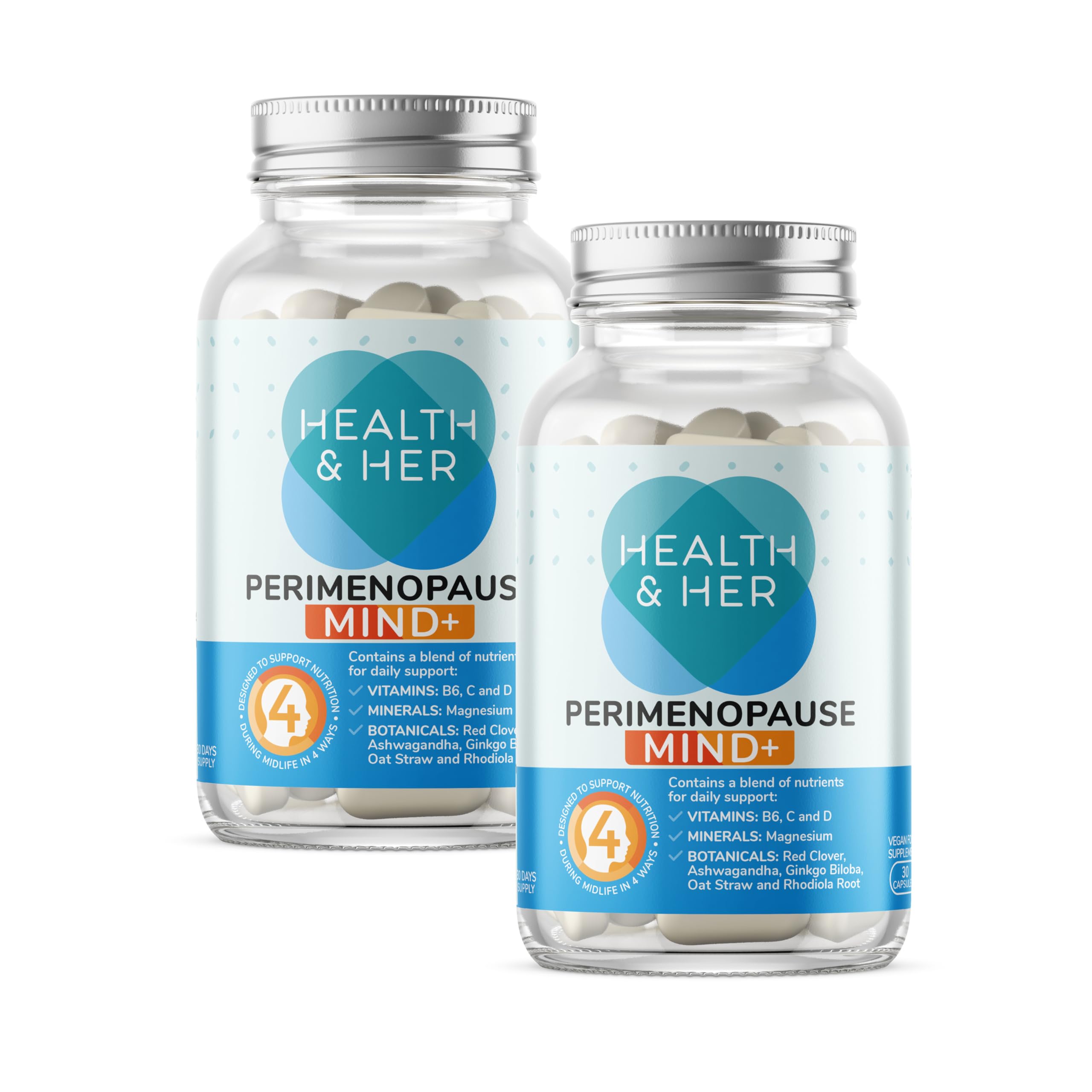 Health & Her Perimenopause Mind+ Supplements for Women - with Red Clover, Ashwagandha, Gingko Biloba - 2 Month Supply, 60 Capsules - Vegan & Gluten Free