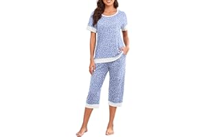 PrinStory Women's Pajama Set Short Sleeve Shirt and Capri Pants Sleepwear Pjs Sets Lounge Set