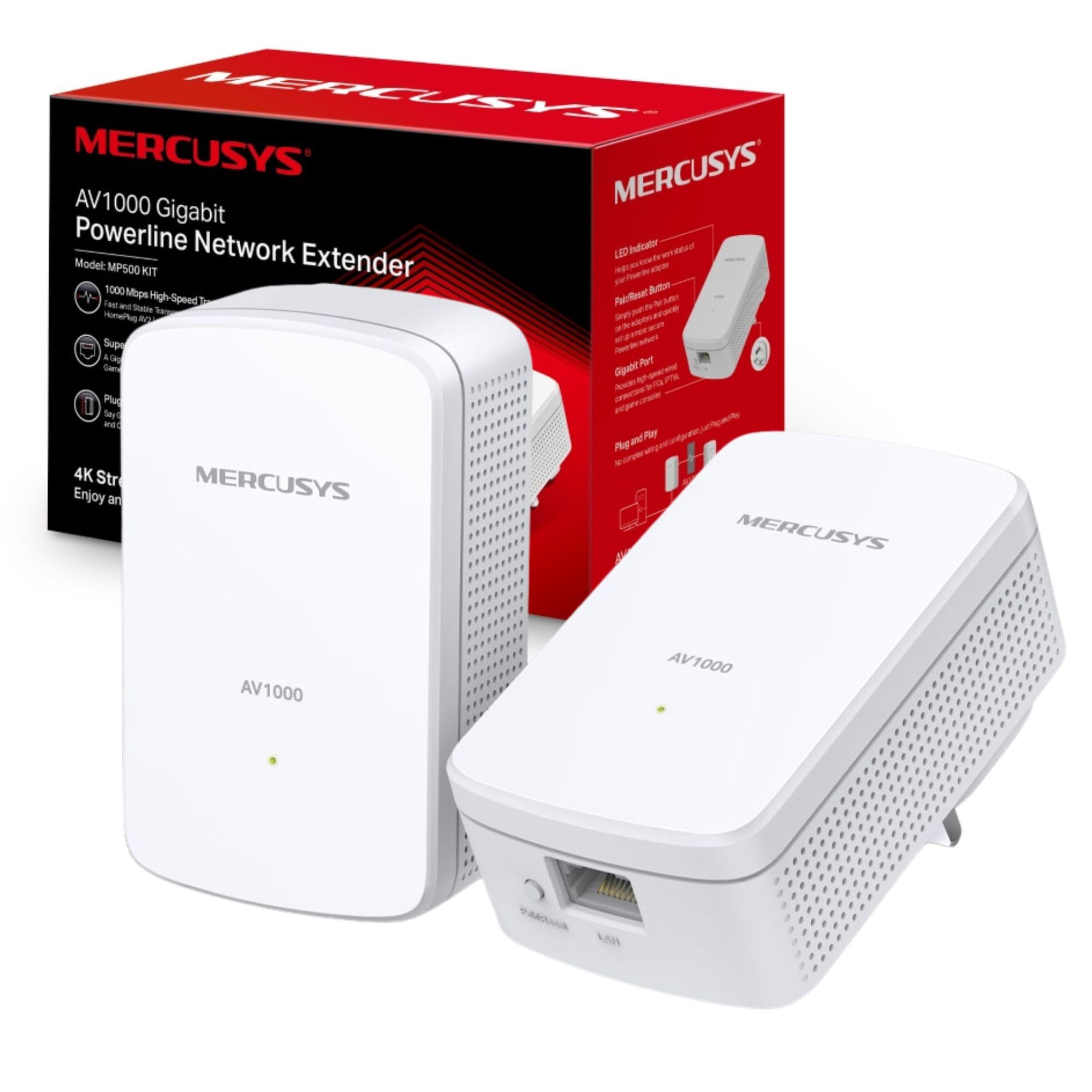 MERCUSYS MP500 KIT Powerline Adapter Kit, AV1000 Gigabit TP-Link Powerline Network Adapters, HomePlug AV2 Ethernet Over Power, Up to 1000Mbps, 300m Range, Wired Network Extender for Home, Gaming