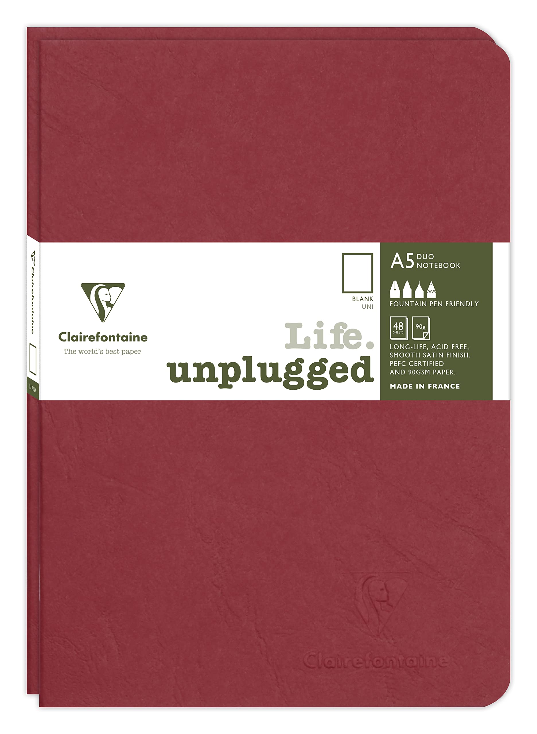 Clairefontaine 733182C Collection Age Bag Set of 2 Red Duo Stapled Notebooks - A5 15.8x21 cm - 96 Plain White Pages - 90 gsm Paper - Leather Grain Card Cover
