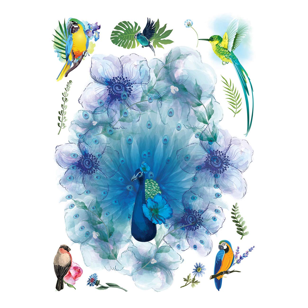 Supperb Large Temporary Tattoos - Watercolor Dream of peacock & Hummingbirds
