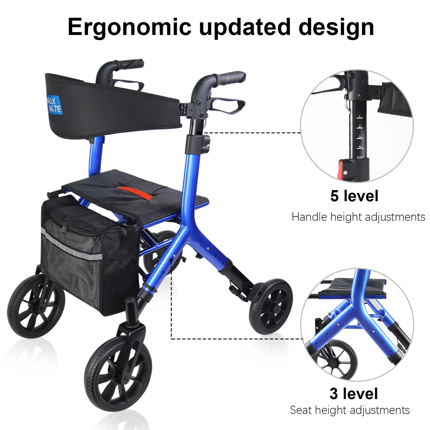 Rollator Walker for Seniors Taller 5.3~7ft with Height-Adjustable Seat, 10 Inch Wheels Wire-Hidden Walkers Compact Folding Design Lightweight Mobility Walking Aid Widen Backrest, Blue