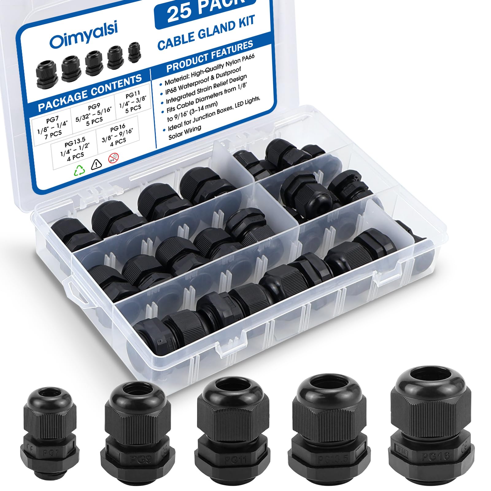 Photo 1 of 25 Pack Cable Gland Kit – IP68 Waterproof Nylon Cord Grip Connectors PG7 to PG16 for Electrical Junction Box and Wire Protection (Black)