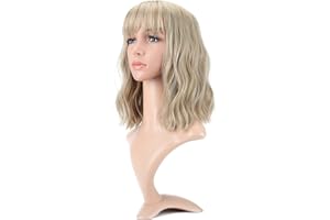 VCKOVCKO Natural Blonde Wigs With Air Bangs for Women Women's Shoulder Length Curly Wavy Synthetic blonde wig with bang Wigs Blonde Wig for White Women Girls (12", Mix Blonde)