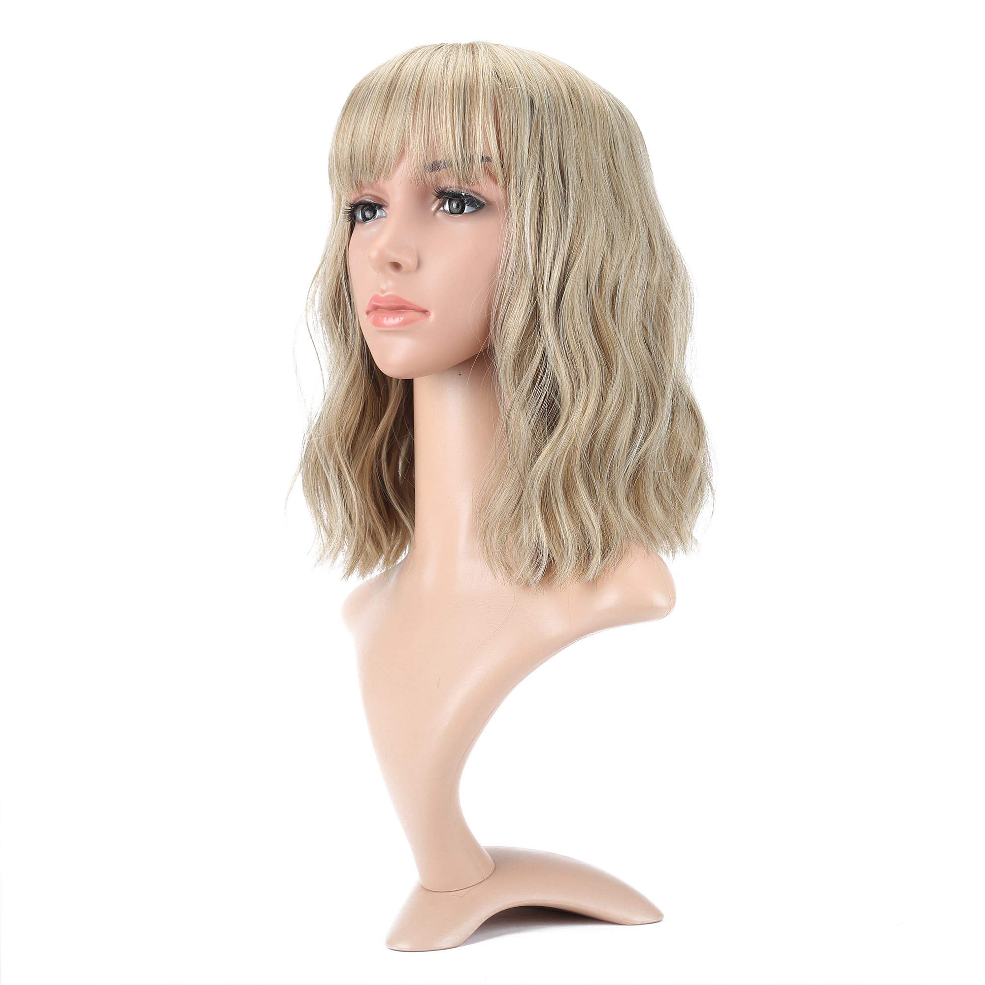 VCKOVCKO Natural Wavy Short Bob Wigs With Air Bangs - Women's Shoulder Length, Curly Wavy Synthetic Cosplay Pastel Bob Wig for Girls (12", Mix Blonde)
