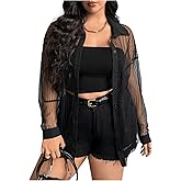 OYOANGLE Women's Plus Size Striped Button Up Shirt Long Sleeve Collar Mesh Sheer Tops