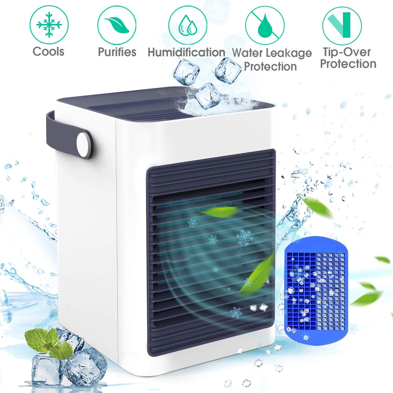 Portable Air Conditioner with Ice Tray, Personal Air Conditioner Portable Air Cooler Noiseless Evaporative Air Cooler Mini Humidifier for Bedroom, Room, Desk, Office, Home White