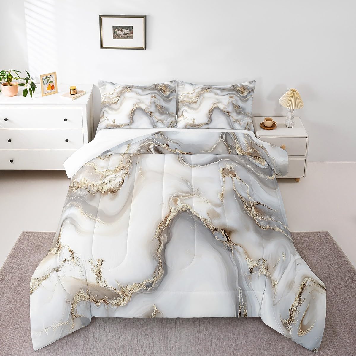 Loussiesd Marble Bedding Set Grey Gold Marble Duvet Insert for Kids Adults Abstract Geometric Marble Texture Duvet Insert Crack Brick Down Duvet With 1 Pillow Case Single Size