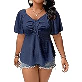 Eytino Womens Plus Size Tops Sweetheart Neck Short Sleeve Eyelet Embroidery Summer Loose Peplum Shirts(1X-5X)