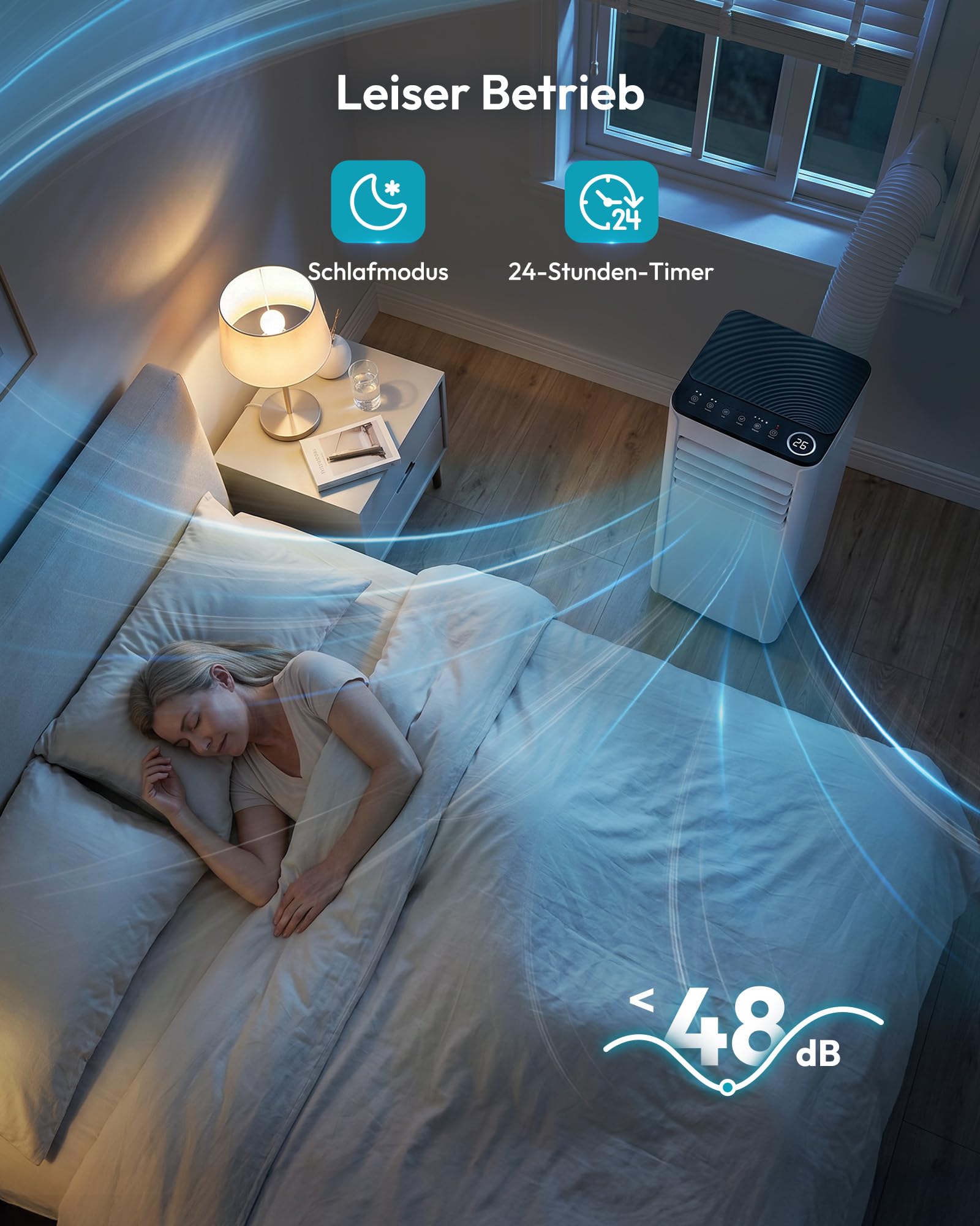 Mobile Klimaanlage 9000 BTU mit Abluftschlauch | 4-in-1 Mobiles Klimagerät | Leiser Betrieb | Digitaldisplay + Fernbedienung | Fenster-Installationsset | 24h-Timer | Für Räume bis 25 m² 5
