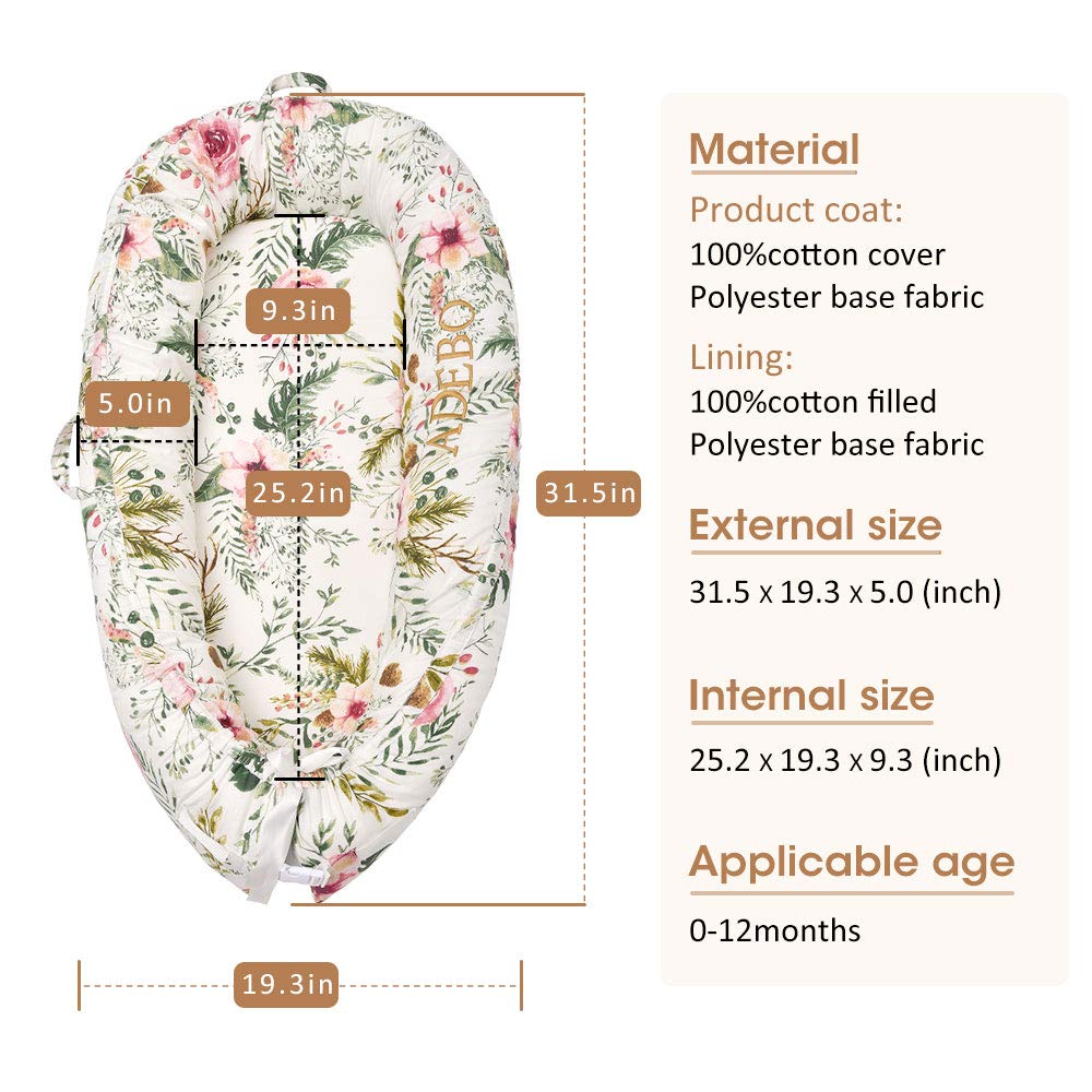 Adebo Premium Baby Nest(Flowers)-Portable Infant Lounger Bassinet, Perfect for Co-Sleeping -Super Soft & Breathable and 100% Cotton Newborn Crib-Suitable from 0-12 Months: Baby