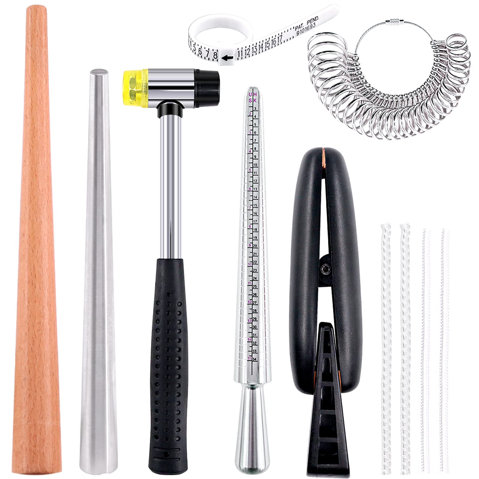 Keadic 9 Pcs Jewelry Ring Sizer Tools Measuring Set with Ring Clamp, Rubber Hammer, Finger Ring Mandrel, Measuring Stick, Circle Models Sizer and More, Ring Sizer Mandrel Set for Jewelry Making Crafts
