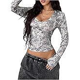 SOLY HUX Women's Long Sleeve Shirts Y2k Crop Tops V Neck Slim Fit Going Out T-Shirt Streetwear