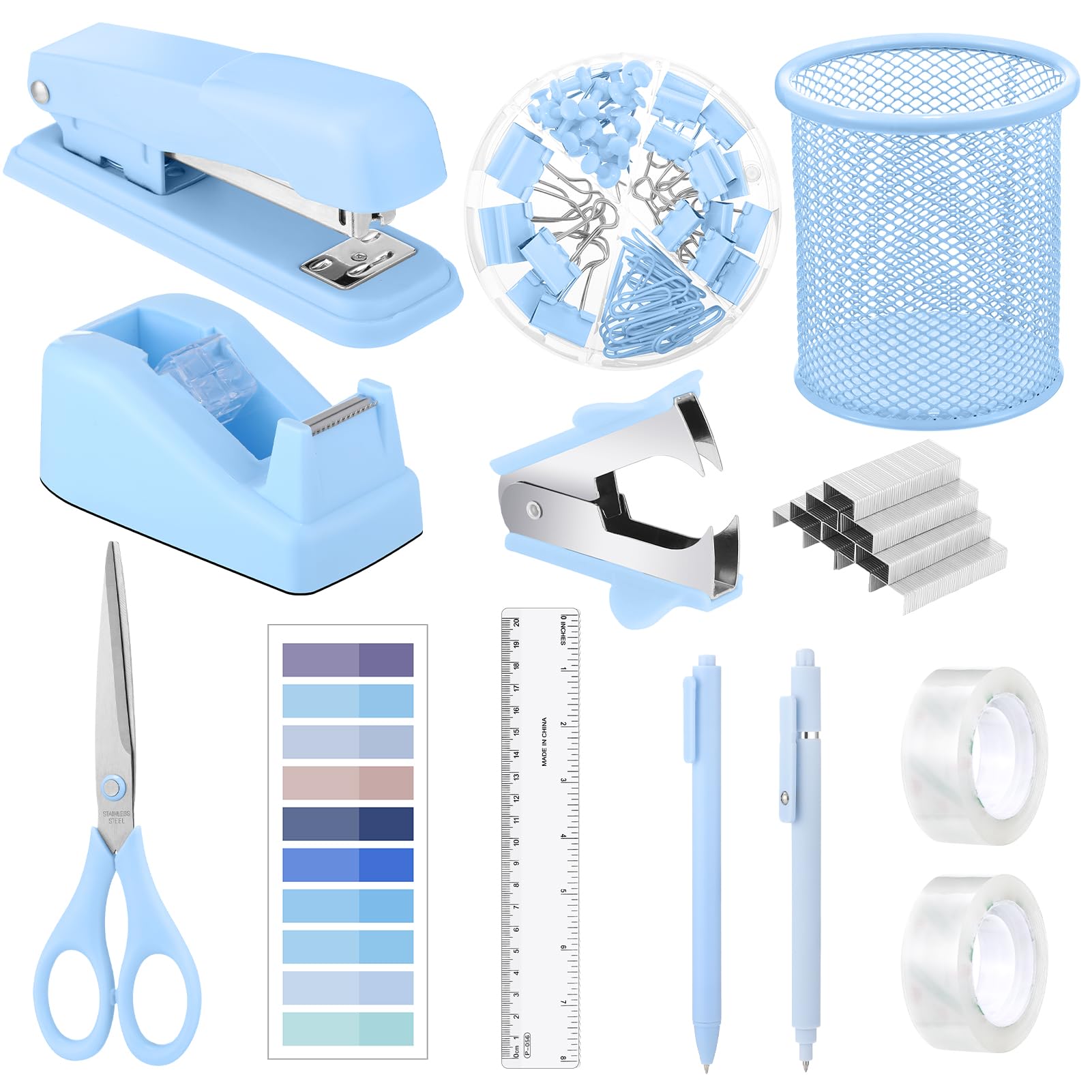 Photo 1 of 13-in-1 Desk Accessories - Blue Office Supplies with Blue Stapler, Tape Dispenser, 1000 Staples, Scissors, Pen, Pen Holder, Tabs, Ruler, Clips