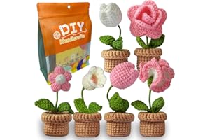Qunland Crochet Kit for Beginners, 6 Pcs Potted Flowers DIY Kit for Adults and Kids, Crochet Starter Knitting Kit for Complete Beginners with Step-by-Step Instructions and Video Tutorials (Pink)