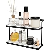 PEUAF Bathroom Countertop Organizer for Small Spaces, 2-Tier Makeup Shelf with Vanity Tray, Tool-Less Installation Skincare & Perfume Organizer, Non-Slip Design for Dresser(White&Black) (Black)