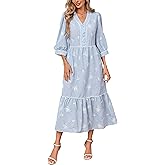 Boho Maxi Dress V Neck Beach Vacation A Line Tiered Long Dress Floral Embroidered Striped Sundress with Pockets