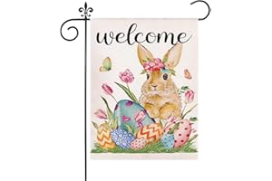 CRYSFIY Easter Garden Flag, Welcome Bunny Garden Flag 12x18 Inch Double Sided, Spring Garden Flag for Outside, Burlap Yard Flag for Easter Outdoor Decorations