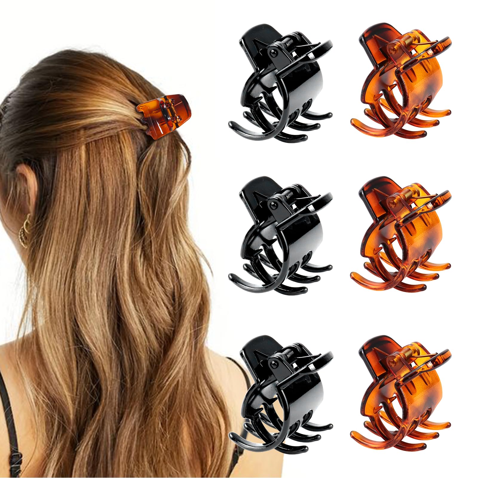 Blooms Small Hair Clips for Women, 6 Pcs Claw Clips Non-Slip for Fine Hair Accessories (Black and Brown) - for Girls, Straight, Wavy, Curly Hair