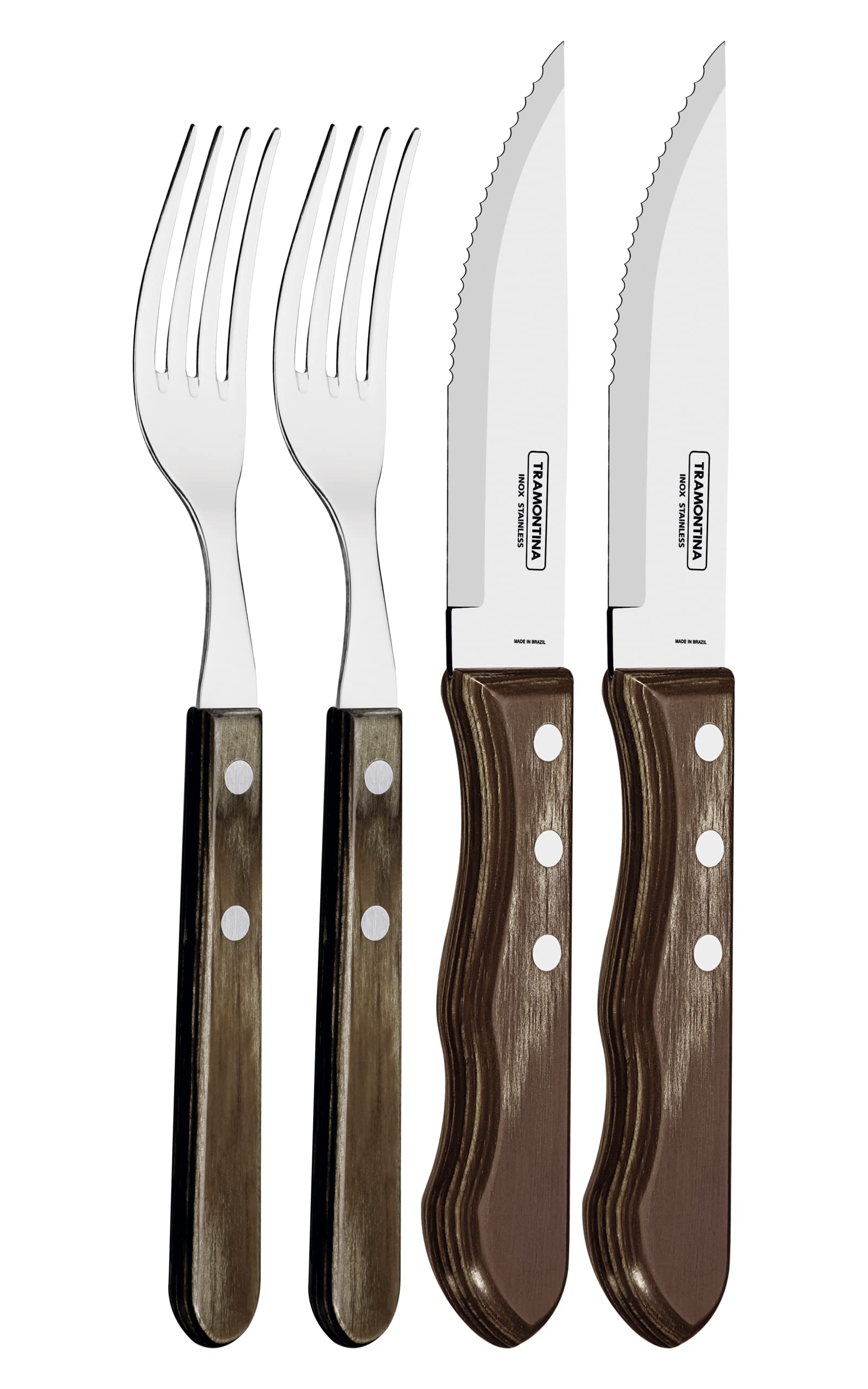 Tramontina 5” Jumbo Steak Knives, Sharp Knife with Wooden Handle, ‎Camping, Kitchen, Rustic, Dishwasher Safe (4 Pcs Cutlery Set)