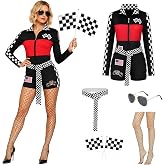 CICOCI Womens Race Car Driver Costume 6-Piece Racing Romper Set | 6-piece set includes zip-up romper, checkered belt, sunglasses, 2 flags, and fishnet tights for Halloween and cosplay