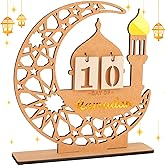 DPKOW Wooden Ramadan Advent Calendar Gifts Ramadan Decorations for Home, Crescent Mosque Countdown Calendar with Number Plates for Islamic Muslim Party Table Decor Moon Tabletop Decorations for Home