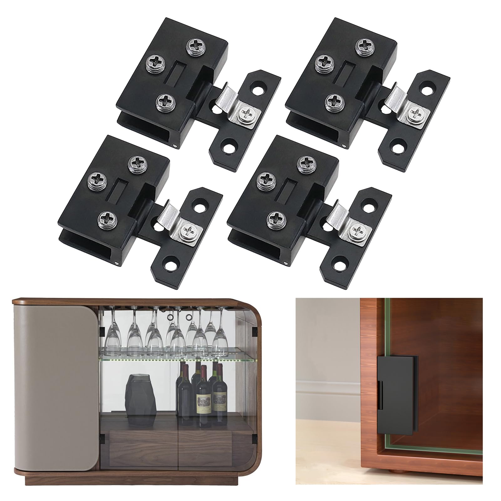 AWEN 4 Pcs Glass Doors Hinge Cupboard Showcase Wine Cabinet Clamp Ambry Gate Hinges Replacement Parts, Black