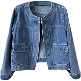 BlueFire2015 Women’s Collarless Long Sleeve Denim Jacket Round Neck Button Down Jean Jackets