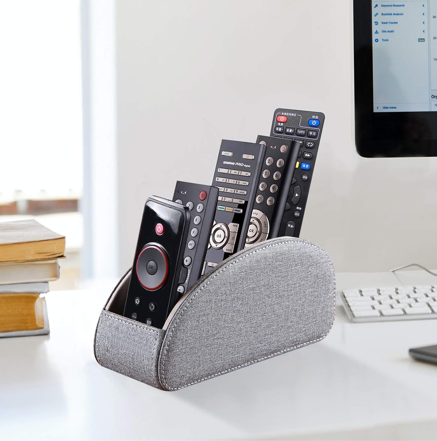 TV Remote Control Holder with 5 Compartments, Pu Leather Remote Caddy/Box/Tray Bedside Table Desk Storage Organizer for DVD, Blu-Ray, Media Player, Heater Controllers and Cosmetics Office Supplies : Office Products