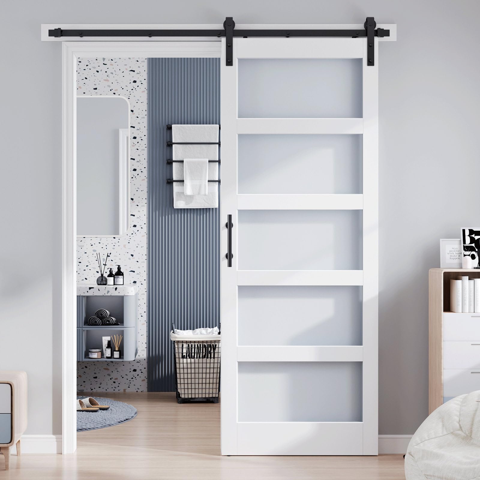 Photo 1 of ROYMELO 36x96 Inch Glass Sliding Barn Door Slab and 6.6ft Hardware Kit Included, 5 Frosted Glass, LVL Wood Panel Covered with White Water-Proof Scratch-Proof PVC Surface, Simple DIY Assembly