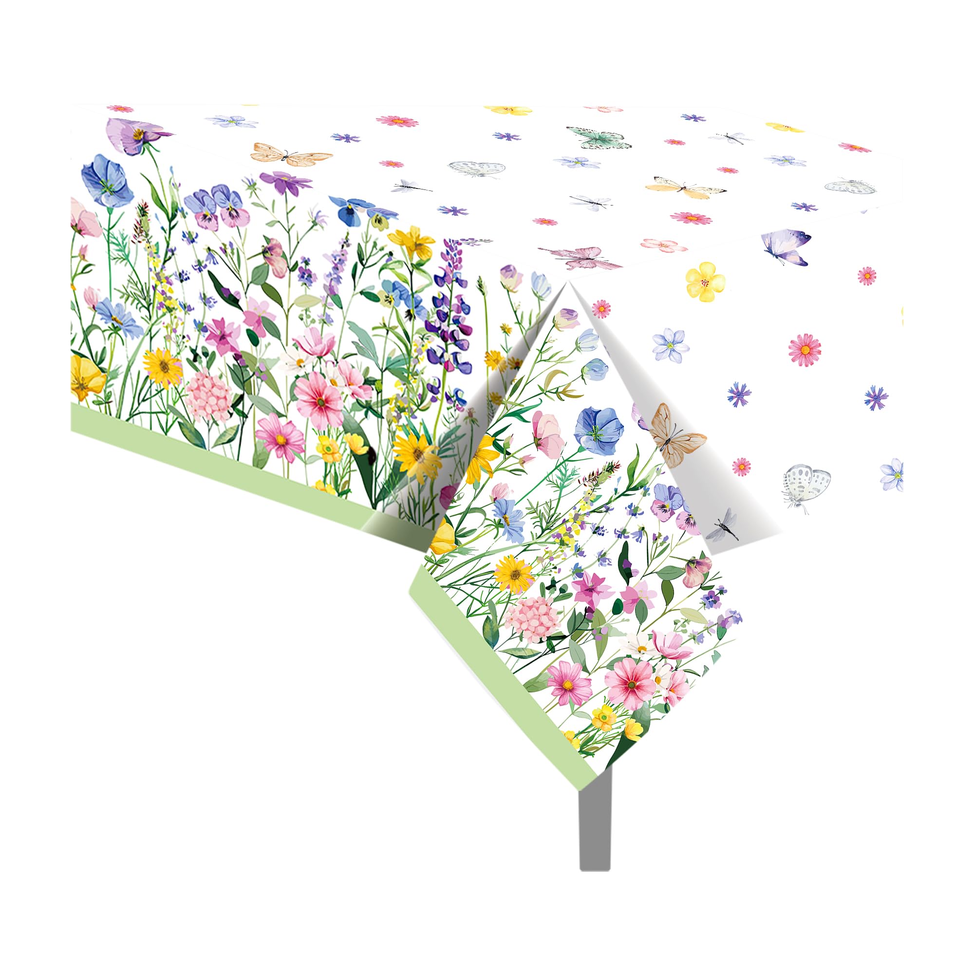 CC HOME 2Pc Blooming Wildflower Party Plastic Tablecloth 54 x 87 Inch Long Table Cover, Spring Butterfly Party Tablecover for Floral Theme Kids Baby Shower Birthday Dinner Picnic Kitchen Event