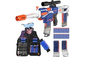 JAKMEAN Automatic Toy Gun with Tactical Vest Set, 150 Darts, Scope,Detachable Stock & Dual Fire Modes | Rechargeable Electric Toy Gun for Kids Ages 8-12, Birthday & Xmas Gifts