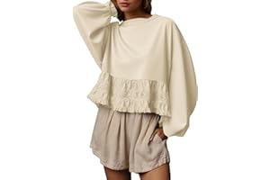 Burtell Crew Neck Crop Oversized Sweatshirts For Women Casual Long Puff Sleeve Babydoll Tops Loose Lace Patchwork Peplum Top