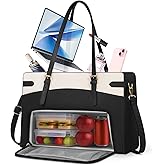 RAINSMORE Lunch Tote Bag for Women 15.6 inch Laptop Bags with Insulated Lunch Compartment PU Work Bag for Teacher Office,Black