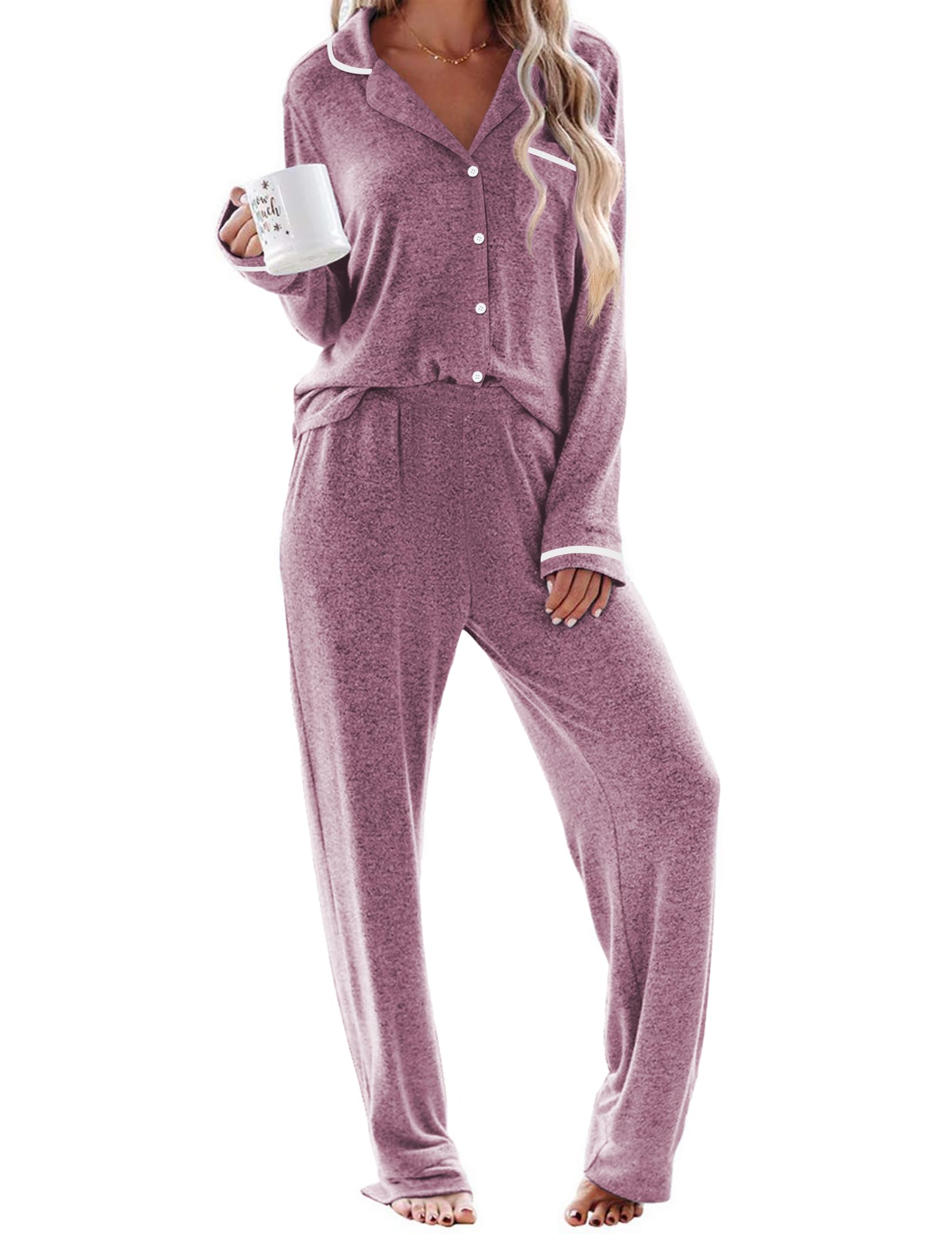 Photo 1 of *small* Ekouaer Women's Pajama Sets Long Sleeve Button Down 2 Piece Pjs Soft Lounge Sets Notch Collar Sleepwear Cherry Red