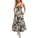 Kranda Women 2026 Summer Sundress High Waist Tie Front Spaghetti Strap Long Beach Floral Tiered Maxi Dress with Pockets