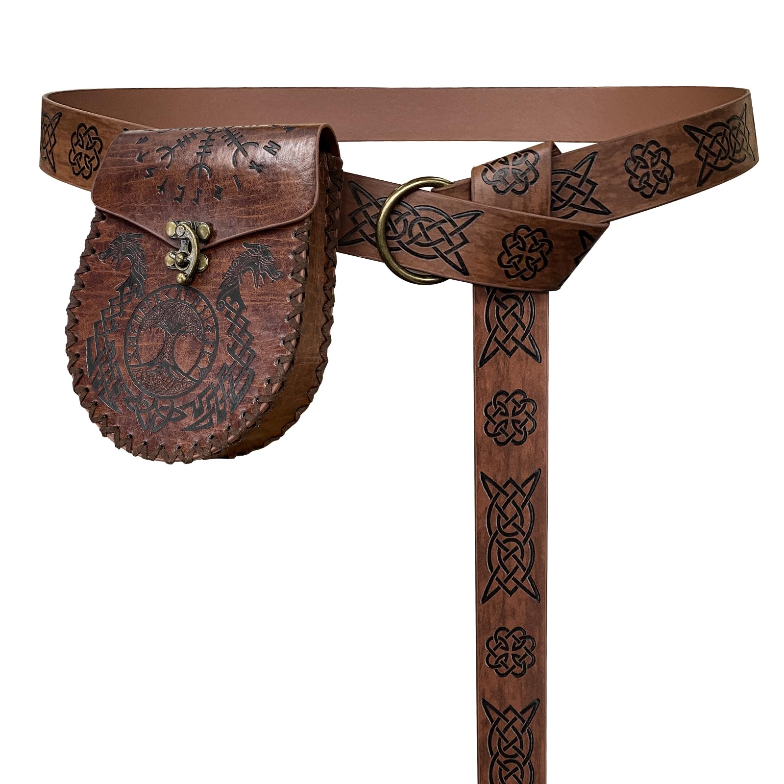 Photo 1 of HiiFeuer Medieval Embossed O Ring Belt and Bag Set, Vintage Faux Leather with Nordic Embossment, LARP (Brown)