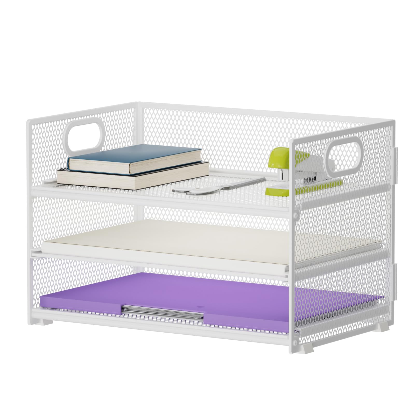 Marbrasse Desk Organiser,3 Tire Letter Paper Tray Organiser with Handle,Mesh Desk Organiser Tray for A4 File,Home Office Supplies(White)