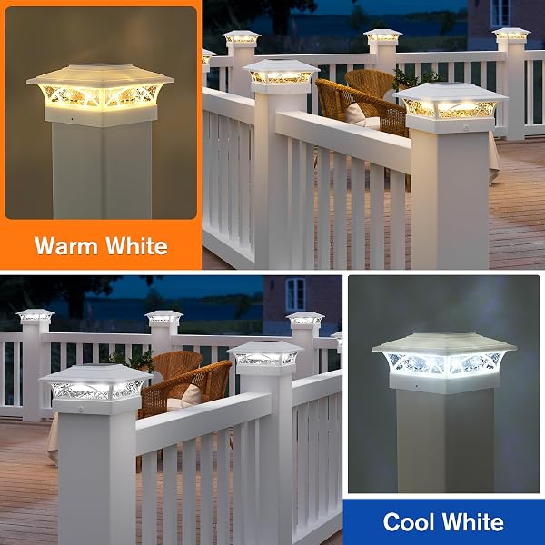 APONUO SOLAR POST CAP LIGHTS 12 PACK – 4X4 5X5 6X6 FENCE POST LIGHTS, AUTO ON/OFF, WATERPROOF IP64, 2-MODE (WARM/COOL WHITE), DECK PATIO YARD SOLAR LIGHT FOR WOOD & VINYL POSTS, WHITE