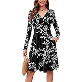 WEACZZY Women's Long Sleeve Casual Fall Dresses V-Neck Swing Floral Party Dress with Pockets 2026