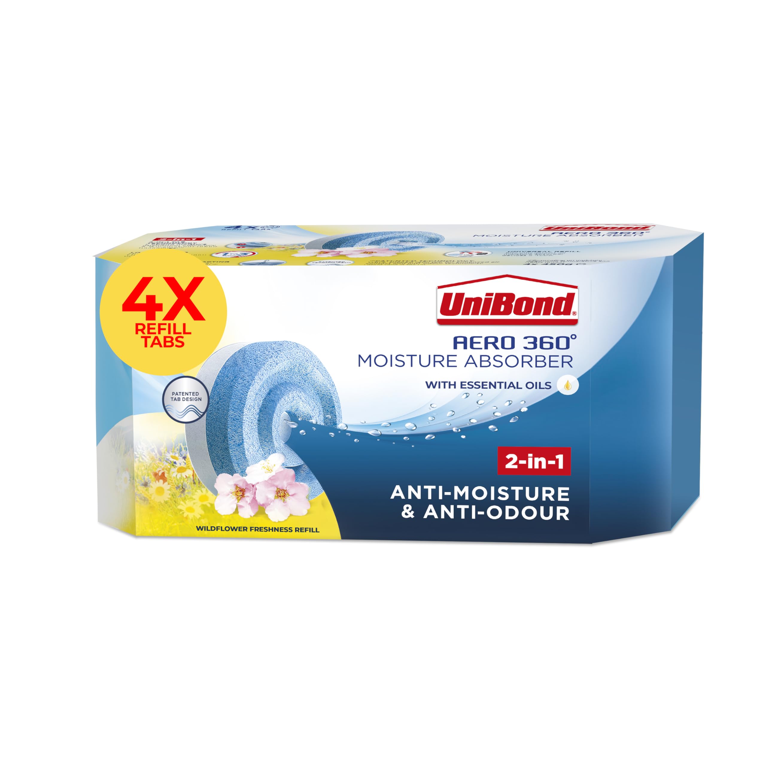 Unibond AERO 360° Moisture Absorber Wildflower Meadow Refill Tab,Aromatherapy,Ultra-Absorbent and Odour-Neutralising,for Dehumidifier,Condensation Absorbers,Four Pack (4x450g),White and Blue
