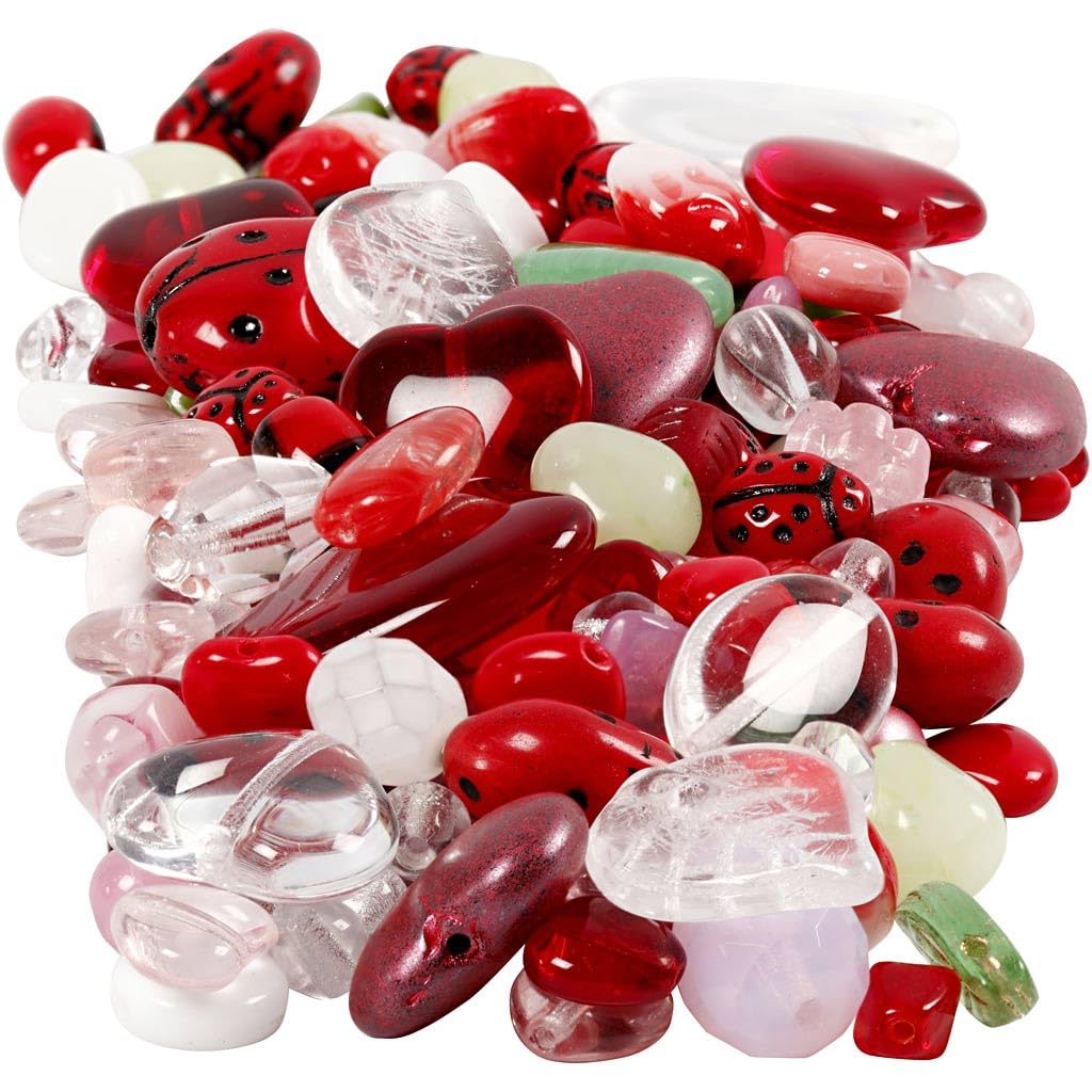 Creative 68423 Glass Beads, Hole Size 0.5-1.5 mm, Assorted Colours, Ladybugs/Leaves/Hearts, Size 5-22 mm, 350 g