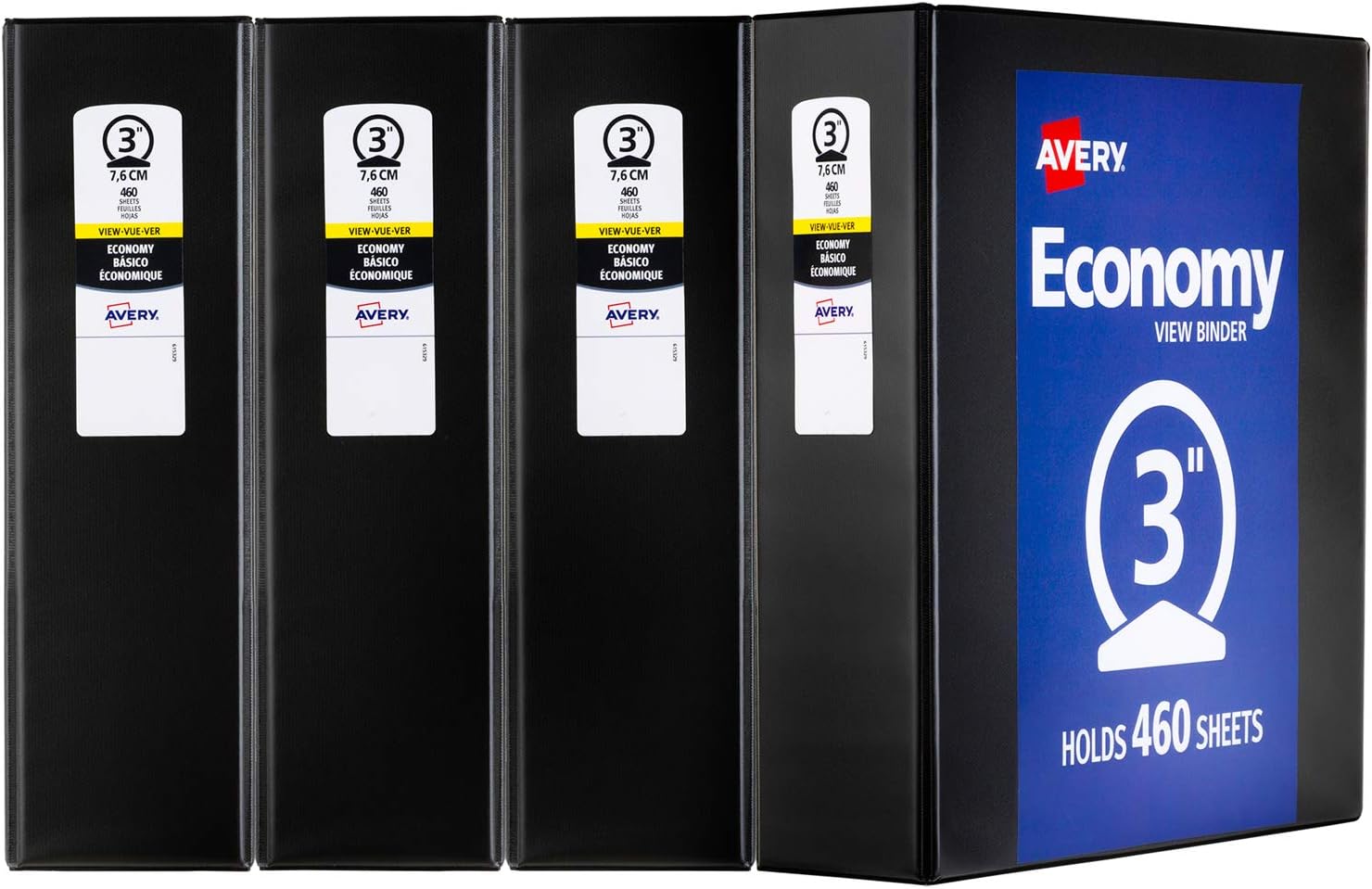 Avery Economy View Binders, 3" Round Rings, 460-Sheet Capacity, Black, Multi Pack of 4 (03361)